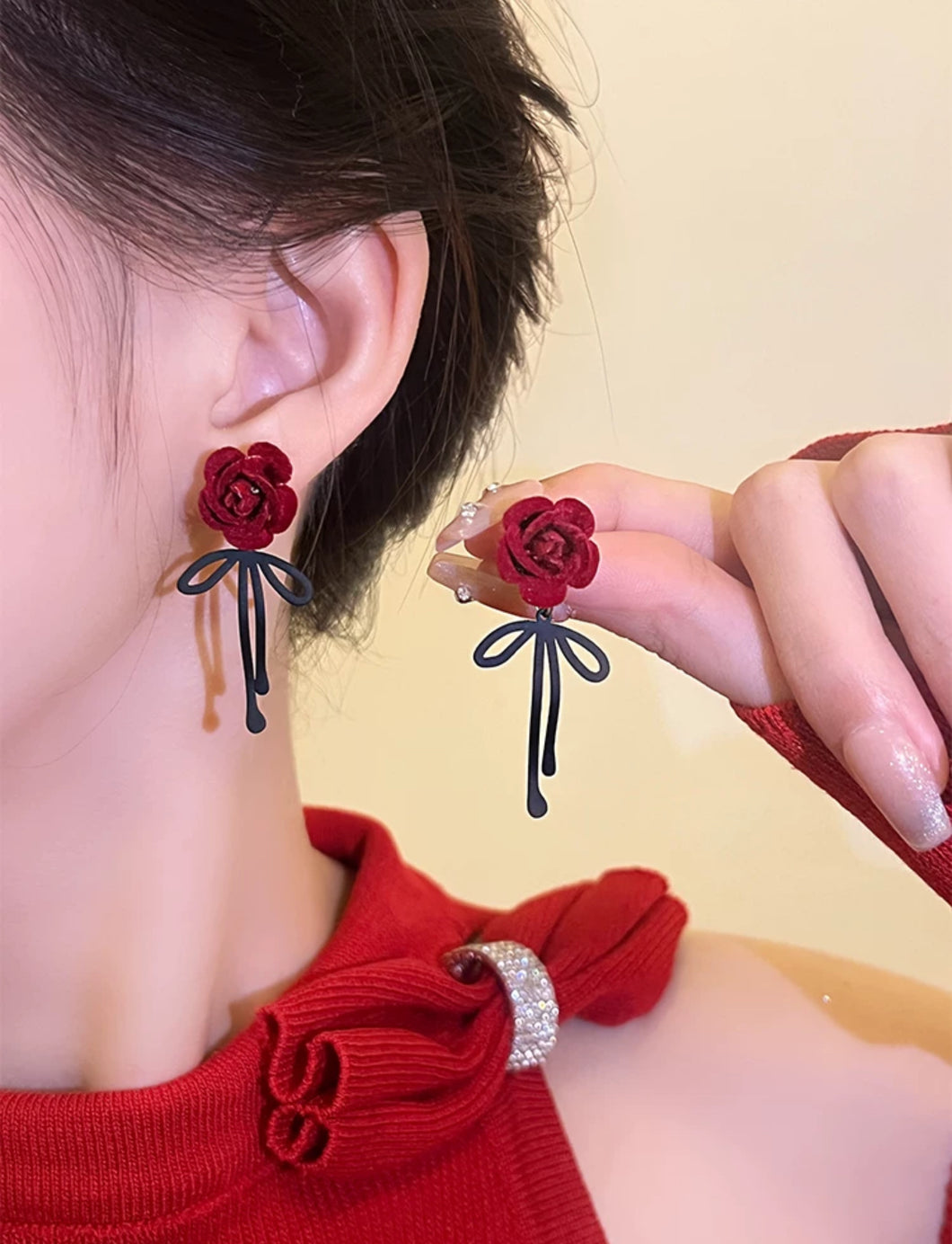 EARRINGS RED ROSE WITH BOW TIE