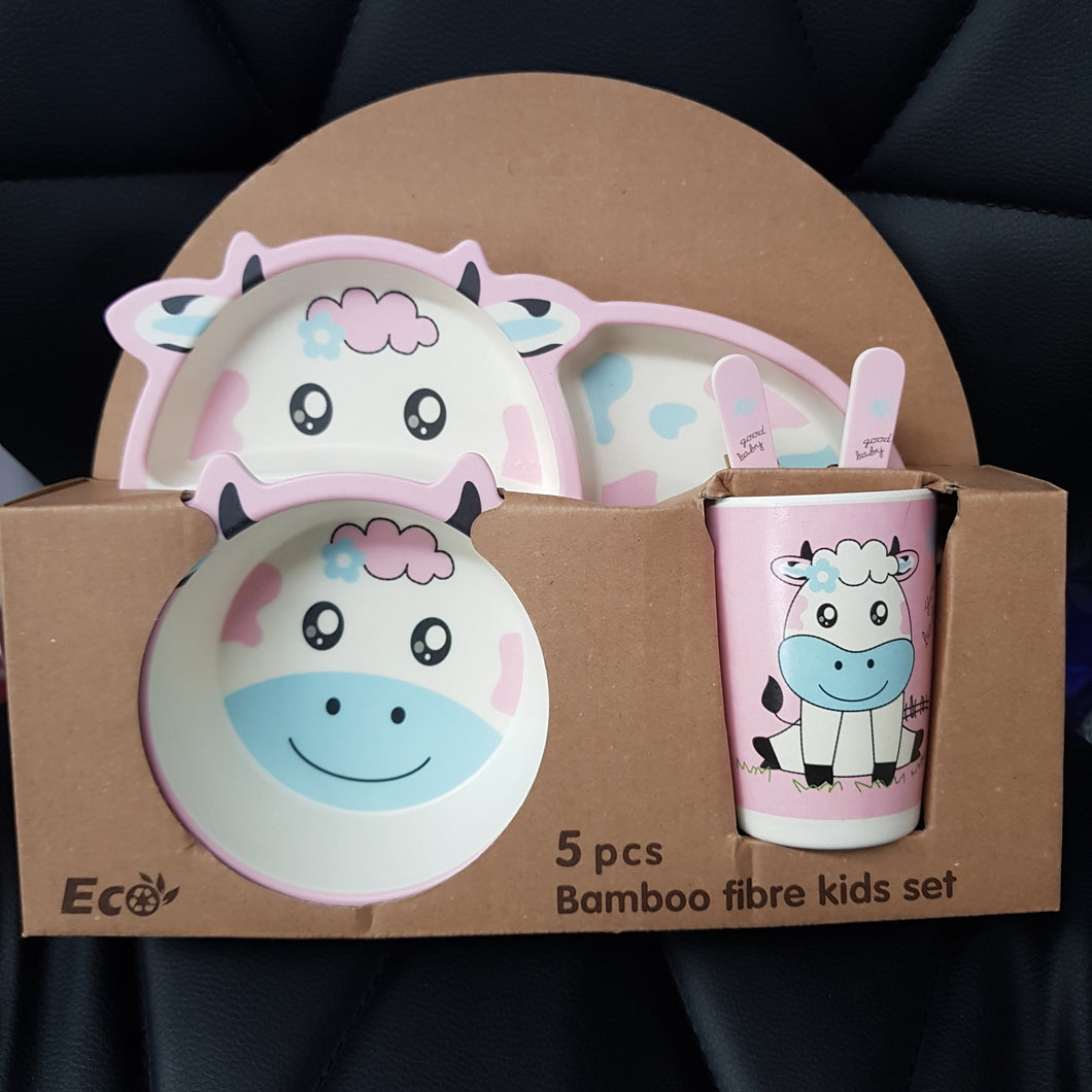 BAMBOO FIBRE KIDS CUTLERY SET PINK COW