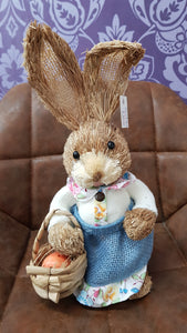 Girl straw bunny holding egg in basket 37cm h
