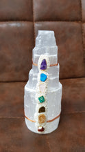 Load image into Gallery viewer, 7 Chakra selenite 13cm with LED light stand
