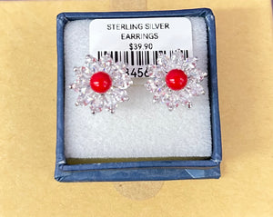 925 STERLING SILVER EARRINGS FLOWER WITH RED CENTRE