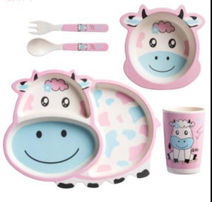 BAMBOO FIBRE KIDS CUTLERY SET PINK COW